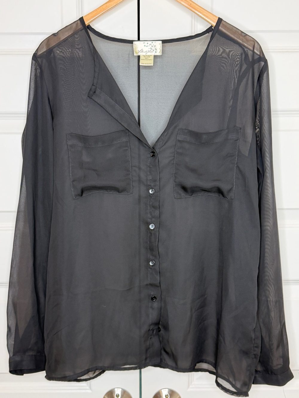 Sheer Button-Front Long-Sleeve Blouse - Black